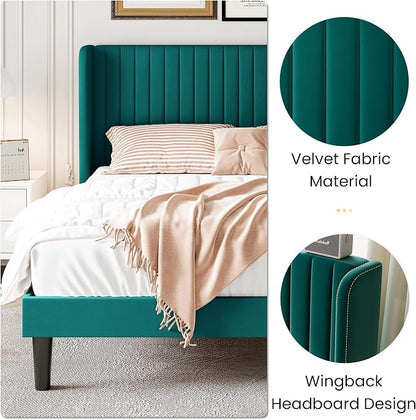 SHA CERLIN Full Size Velvet Bed Frame with Vertical Channel Tufted Wingback Headboard, Upholstered Platform Bed with Wood Slats, No Box Spring Needed, Easy Assembly, Teal