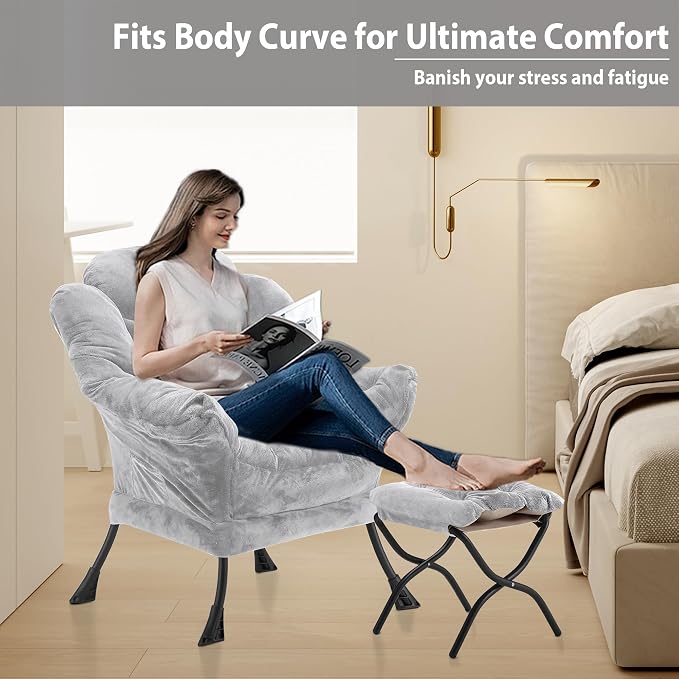 Youtanic Lazy Chair with Folding Ottoman, Accent Chair Plush Upholstered with Metal Structure and Non-Slip Pads, Sofa Armchair with Footrest and Side Storage Bag for Dorm, Room, Office, Light Gray