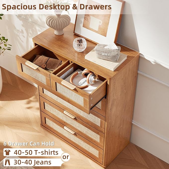 LEYAOYAO Rattan Dresser for Bedroom Set of 2, 41" Tall Chest of Drawers, Modern 6 Drawers Boho Dressers with Storage, Vintage Brown Dresser Wooden Closet Organizer for Living Room, Hallway