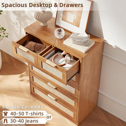 LEYAOYAO Rattan Dresser for Bedroom Set of 2, 41" Tall Chest of Drawers, Modern 6 Drawers Boho Dressers with Storage, Vintage Brown Dresser Wooden Closet Organizer for Living Room, Hallway
