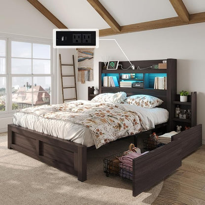 LUXOAK Full Bed Frame with 49.6" Bookcase Headboard & 2 Bedside Stoage Racks & 4 Drawers, Farmhouse Wood Bed Frame with RGB LED & Charging Station, No Box Spring Needed, Black