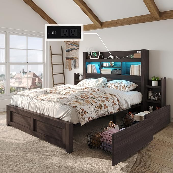 LUXOAK Queen Bed Frame with 49.6" Bookcase Headboard & 2 Bedside Stoage Racks & 4 Drawers, Farmhouse Wood Bed Frame with RGB LED & Charging Station, No Box Spring Needed, Black