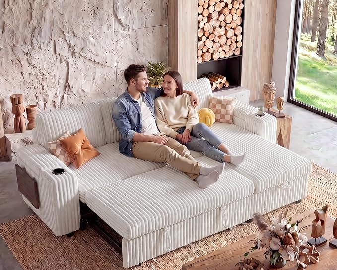WEUP 86" Modular Sectional Sleeper Sofa with Pull Out Bed, 3 Seat Plush Corduroy L Shaped Couch with USB Ports|Cup Holders|Side Table|Storage Chaise Armrests, Tool Free Assembly, Beige
