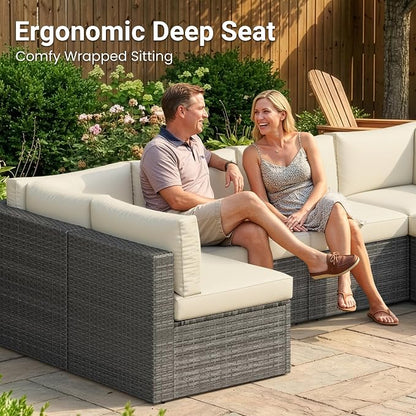 May in Color 7 Pieces Wicker Outdoor Patio Furniture Set, Patio Sectional Sofa with Coffee Table, All-Weather Outdoor Sectional Furniture for Garden Backyard, Beige