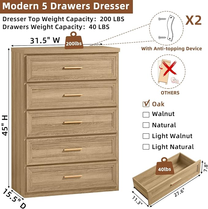 RWYHG Dresser Set for Bedroom with 5 Drawers 45" Tall Wood Closet Organizer with Metal Handle Furniture for Living Room Hallway Oak
