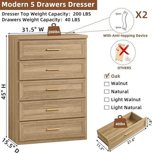 RWYHG Dresser Set for Bedroom with 5 Drawers 45" Tall Wood Closet Organizer with Metal Handle Furniture for Living Room Hallway Oak