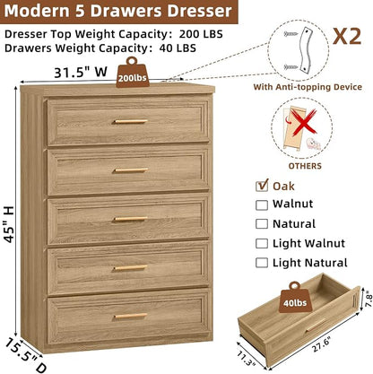 RWYHG Dresser for Bedroom with 5 Drawers 45" Tall Wood Closet Organizer with Metal Handle Furniture for Living Room Hallway Oak