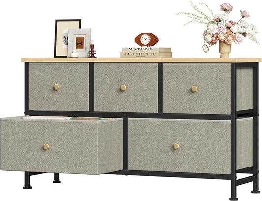 OLIXIS 5 Drawer Dresser for Bedroom, Storage Organizer Unit for Closet | Chest of Drawers for Clothes Storage with Bins, Wide Fabric Bedroom Dresser, Wooden Top, Living Room, Ink Green