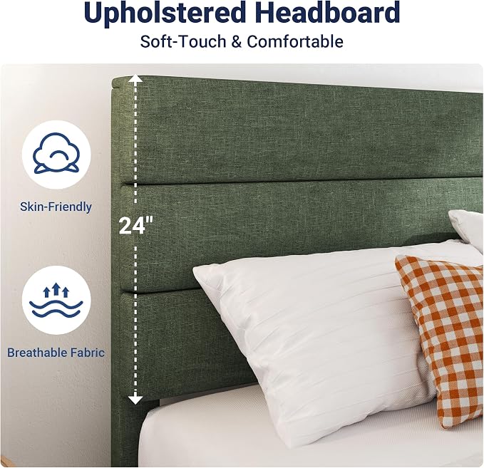 Allewie Full Size Platform Bed Frame with Fabric Upholstered Headboard and Wooden Slats Support, Fully Upholstered Mattress Foundation/No Box Spring Needed/Easy Assembly, Green