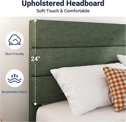 Allewie Twin Size Platform Bed Frame with Fabric Upholstered Headboard and Wooden Slats Support, Fully Upholstered Mattress Foundation/No Box Spring Needed/Easy Assembly, Green