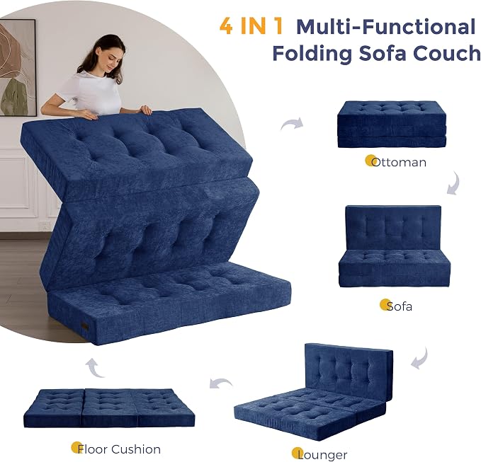 MAXYOYO 6" Folding Sofa Bed for Floor, Tufted Tri-Fold Floor Mattress with Chenille Fabric, Twin Size Portable Sofa Couch Guest Mat for Adults, Foldable Topper for Camping, Navy, 35.4"x75"