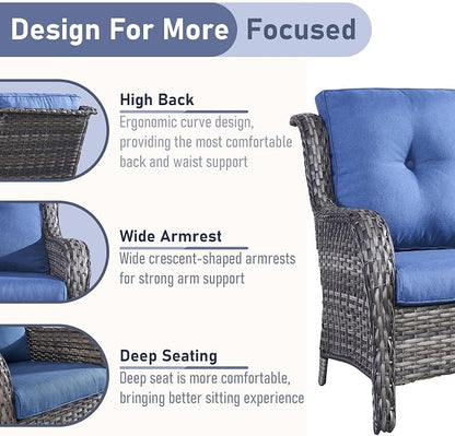 Outdoor Loveseat Sofa-2 Seater Rattan Wicker Patio Couch High Back Patio Sofa for Porch Deck Backyard-Grey/Blue