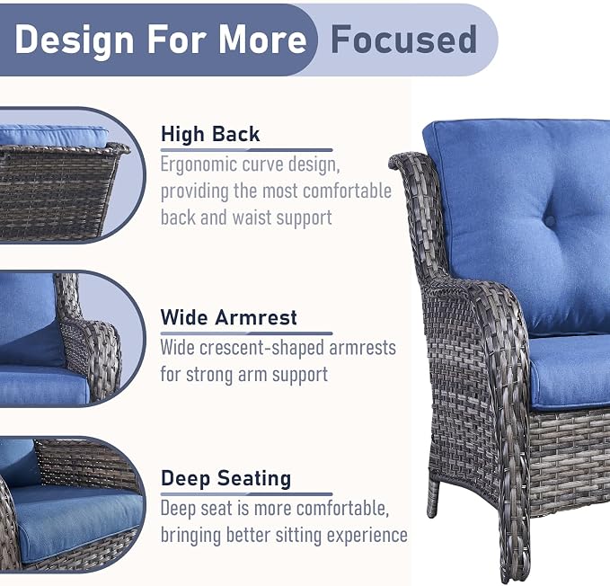 Outdoor Patio Furniture - 3 Seater Outdoor Rattan Wicker Sofa Patio Couch with Ottoman for Porch Deck Garden Backyard - Grey/Blue
