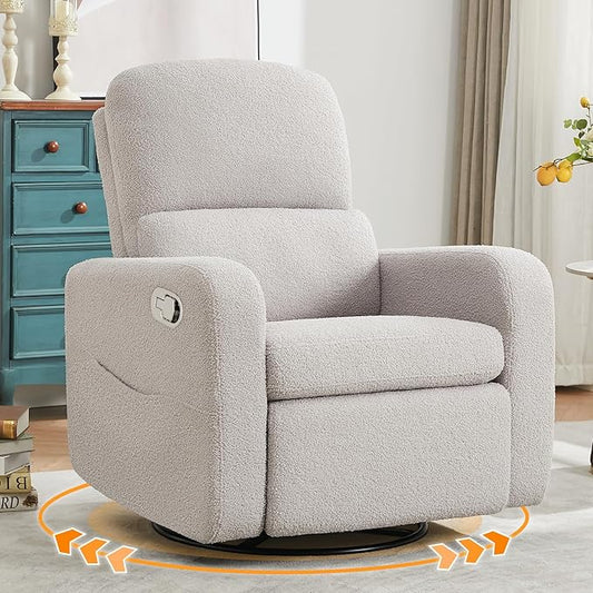 Swivel Rocker Recliner, Oversized Teddy Manual Nursery Glider Rocking Recliner with Removable Cushion, Upholstered Boucle Swivel Reclining Chair for Nursery Living Room Bedroom, Grey