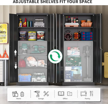 Metal Garage Storage Cabinet with Doors and Adjustable Shelves, 71" Tall Locker Organizer Steel Garage Cabinets, Lockable File Cabinet for Home, Office, Warehouse, Tools