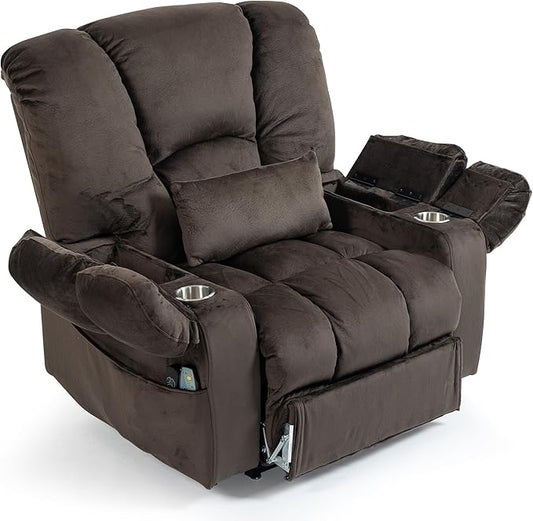JIKFRIMA Big Man Recliner 500lbs Power Lift Recliner Chair for Big Tall Elderly Adults Oversized Lay Flat Lift Recliner with Extended Footrest,Heat Massage,Flip Arm Storage Cup Holders,USB Type C