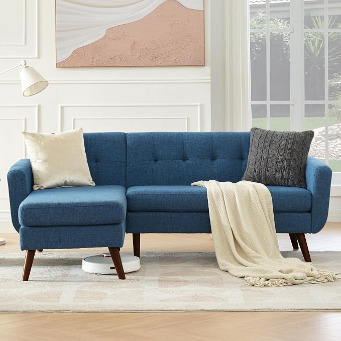 Kingfun L Shaped Couch, 80" W Mid-Century Modern Sofa, Sectional Couches, 3 Seater Sofas with Wide Chaise Lounge, Button Tufted Upholstered Sectional Sofa for Living Room, Bedroom, Blue
