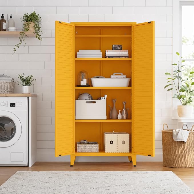 Yellow Metal Storage Cabinet, 4-Tier Tall Cabinet with Adjustable Shelves and Hanging Rod, Louvered Door Freestanding Lockers for Home, Living Room, Kitchen, Bedroom,garage 61" H X 27.6" W X 13.8" D