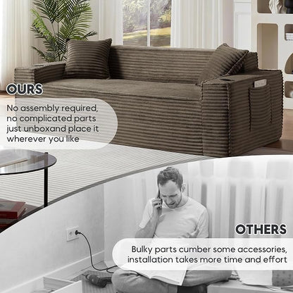 Boneless Sectional Sofa Couch with Cup Holders & Side Pockets, Modern Corduroy Fabric Deep Seat 3-seat Cloud Couch for Living Room Office, No Assembly (Brown)