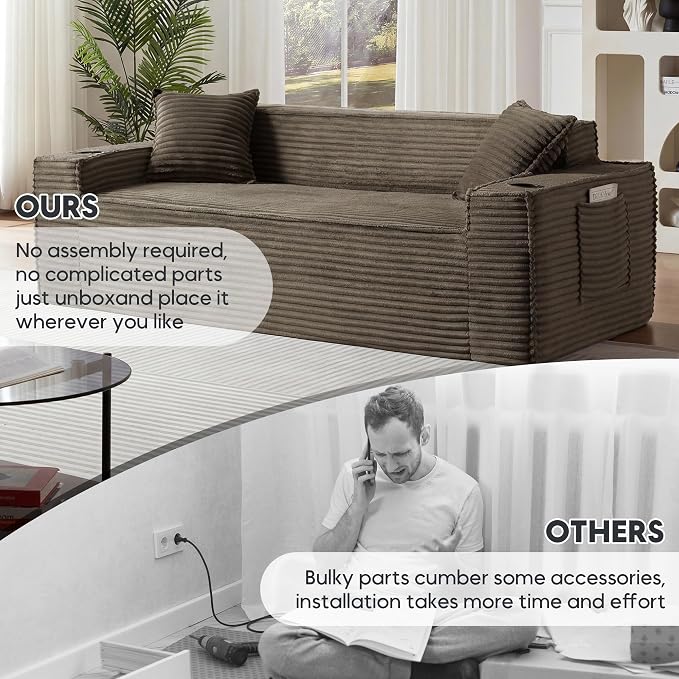 Boneless Sectional Sofa 3 Piece Set with Cup Holders & Side Pockets, Luxury Corduroy Fabric Deep Seat Cloud Couch Living Room, Office, No Assembly (Brown)
