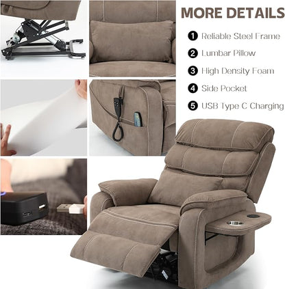 JIKFRIMA Power Lift Recliners Chairs for Elderly Adults Lay Flat Recliner with Heat & Massage, Wireless Charging Device, USB Ports, Cup Holder, Lumbar Pillow, 400Lbs（Velvet Fibric,Light Brown）