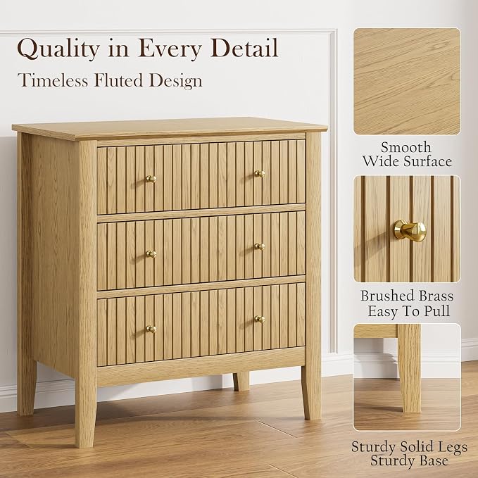 Night Stand, Fluted 3 Drawer Wide Farmhouse Nightstand with Gold Handle, Modern Wooden Bedside End Table for Bedroom, Living Room, Oak