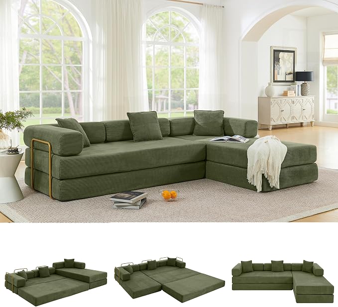 ivoros 108" Oversized Convertible Sleeper Sofa Bed, Corduroy L Shape Sectional Couch, Folding Sofa Bed with Fixed-Shape Frame, Modern Cloud Floor Mattress Couch, Modular Sofa for Living Room, Green