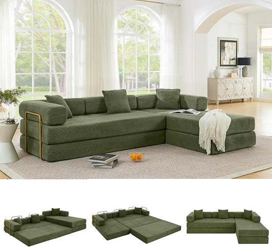 ivoros 108" Oversized Convertible Sleeper Sofa Bed, Corduroy L Shape Sectional Couch, Folding Sofa Bed with Fixed-Shape Frame, Modern Cloud Floor Mattress Couch, Modular Sofa for Living Room, Green