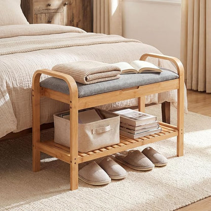 Giantex Small Entryway Bench with Storage, 2-Tier Bamboo Shoe Rack Bench with Flip Top Storage Space and Padded Cushion, Shoe Organizer for Entryway, Living Room, Hallway, Bedroom,Natural