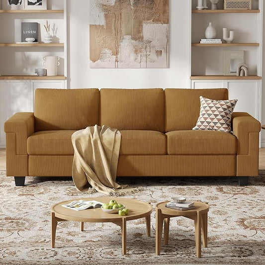 COPIAE 3 Seater Sofa Couch with Deep Seat, 90" Modern Upholstered Sofa with Armrests, Easy Installation, Comfy Couches for Living Room, Apartment,Ginger Yellow