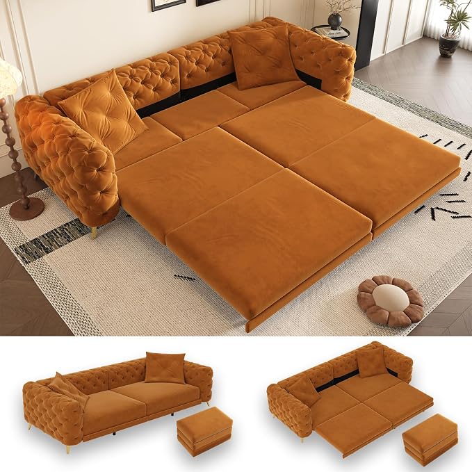 97.7'' Pull Out Sofa Bed King, Chesterfield Velvet Sleeper Sofa, Convertible L-Shaped Futon Couch, Tufted Back, Ottoman, Deep Seat Loveseat Couches for Living Room, Apartment, Orange