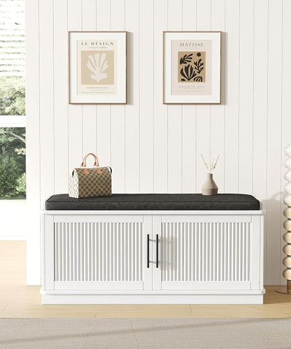 Akxomel Fluted Shoe Storage Bench with Cushion, 39.4" Entryway Bench with Adjustable Shelves and 2 Doors, Shoe Cabinet Bench with Curved Profile, for Hallway, Living Room, Bedroom, White