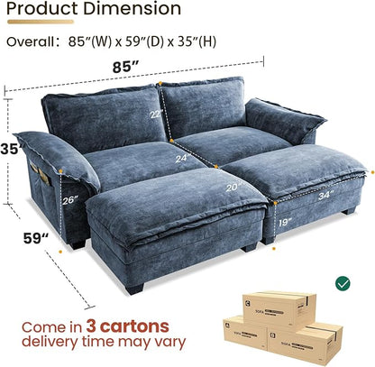 KKL Modular Sectional Sofa Bed, 4 Seater Cloud Couch with Ottoman, Chenille Sectional Couches for Living Room, Apartment,Blue