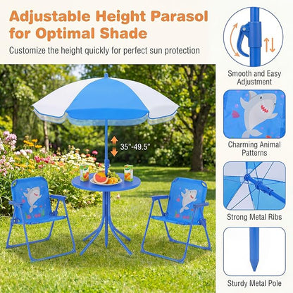 HONEY JOY Kids Picnic Table, Animal Themed Toddler Outdoor Table and Chair Set, 2 Folding Chairs & Removable Umbrella, Children Outdoor Furniture for Backyard Patio Garden (Blue Shark)