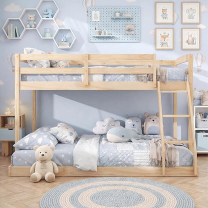 Giantex Twin Over Full Bunk Bed, Solid Wood Kids Bunk Bed with Full-Length Guardrails & Ladder, Low Bunk Beds with Slats Support for Kids, Teens, No Box Spring Needed, Natural