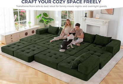 MAXYOYO Modular Sectional Sofa Couch, Foldable U Shaped Cloud Couch with Pillows, Tufted 7-Seat Boneless Lounger Floor Sofa Bed for Living Room, No Assembly Required, Dark Green
