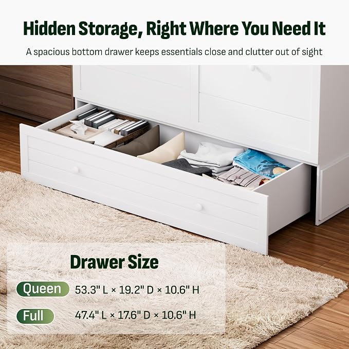 Softa Queen Murphy Bed Cabinet with 4" Tri-Fold Mattress, Storage Drawer & Charging Station, 1200 Lb Heavy Duty Wood Wall Bed with Fold-Down Desk for Guest Room & Home Office, No Box Spring Needed