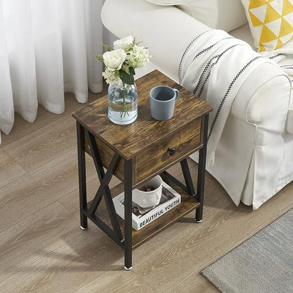 VECELO Nightstand,Modern Bedside End Table, Night Stand with Drawer and Storage Shelf for Living Room Bedroom, Industrial Metal Frame