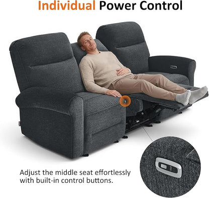 MCombo 87.8" Wall Hugger Power Reclining Sofa, 3-Seat Triple Recliner Couch with USB Ports, Rolled Arm Space Saving Recliner Sofa for Living Rooms Apartments RV, Fabric PR635M5 (Dark Grey)
