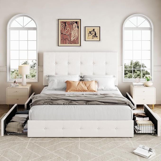 Allewie Upholstered Queen Size Platform Bed Frame with 4 Storage Drawers and Adjustable Headboard, Square Button Tufted, Wooden Slats Support, Noise-Free, No Box Spring Needed, Easy Assembly, White