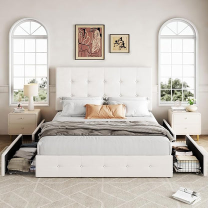 Allewie Upholstered Queen Size Platform Bed Frame with 4 Storage Drawers and Adjustable Headboard, Square Button Tufted, Wooden Slats Support, Noise-Free, No Box Spring Needed, Easy Assembly, White