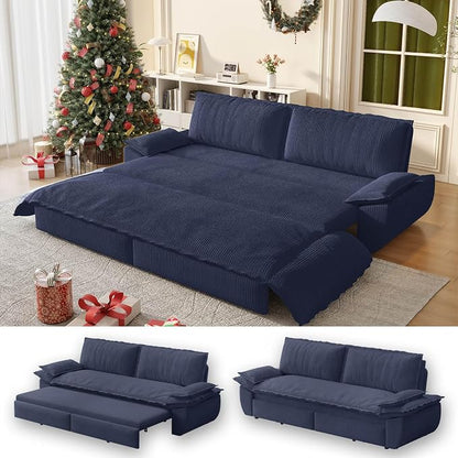 73.2" Sofa Bed Queen Size, Pull Out Couch Bed, 3-in-1 Convertible Sleeper Sofa with Cushion Armrest, Modern Corduroy Futon Couch for Living Room, Small Space, Apartment, Bedroom, Dark Blue