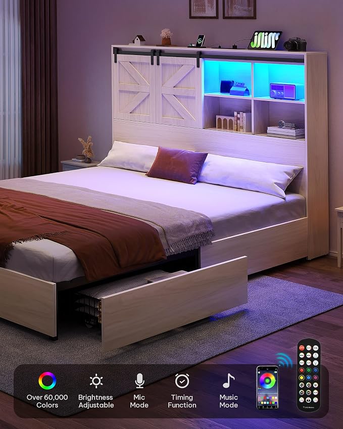YITAHOME Farmhouse Queen Size Bed with 50" Tall Storage Bookcase Headboard, Sliding Barn Door, 4 Storage Drawers, RGB LED Bed Frame w/Type-C&USB Charging Station, No Box Spring Needed, Antique White