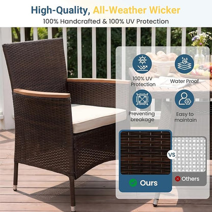 Wisteria Lane Patio Outdoor Table and Chairs Set, Rattan Outdoor Patio Furniture Set with Removable Cushions, Outdoor Patio Dining Sets with Acacia Wood Tabletop for Garden Backyard Deck, Brown