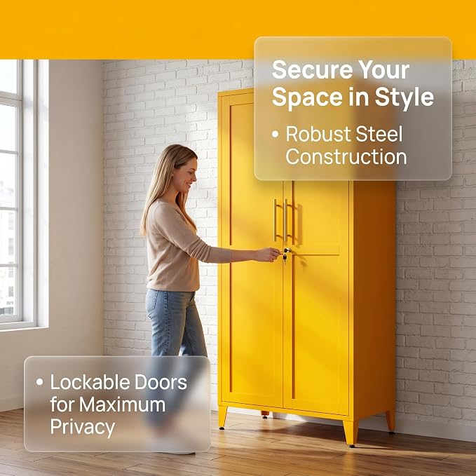 61" Tall Farmhouse Metal Storage Cabinet, Kitchen Pantry Storage Cabinets with 2 Barn Door and 3 Adjustable Shelves, for Home, Office, Kitchen, Laundry Room, Kids Room, Entryway, Yellow