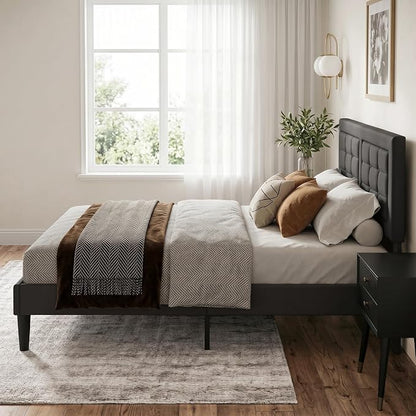 VECELO Queen Size Bed Frame, Adjustable Upholstered Button Tufted Headboard, Heavy-Duty Bedframe with Wood Slats Support, No Box Spring Needed, Linen & Dark Grey