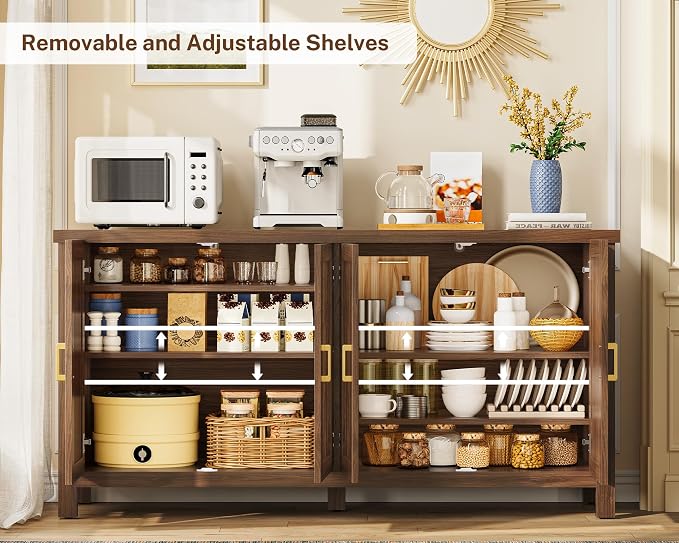 usikey Buffet Cabinet with Storage, 55" Fluted Sideboard Cabinet with 4 Adjustable Shelves, Modern Coffee Bar with 4 Doors, Coffee Bar Cabinet for Kitchen, Walnut