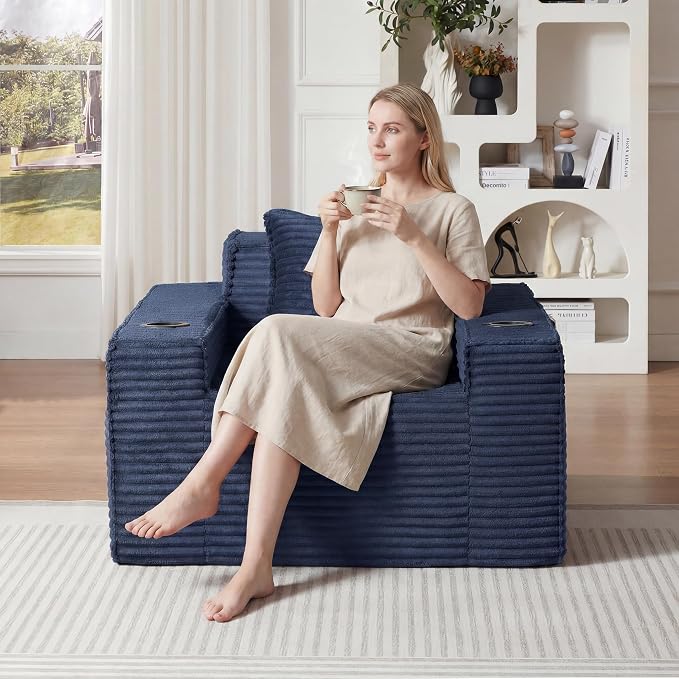 Boneless Sofa Couch with Cup Holders & Side Pockets, Modern Corduroy Fabric Deep Seat Single Cloud Couch for Reading Living Room Office, No Assembly (Blue)