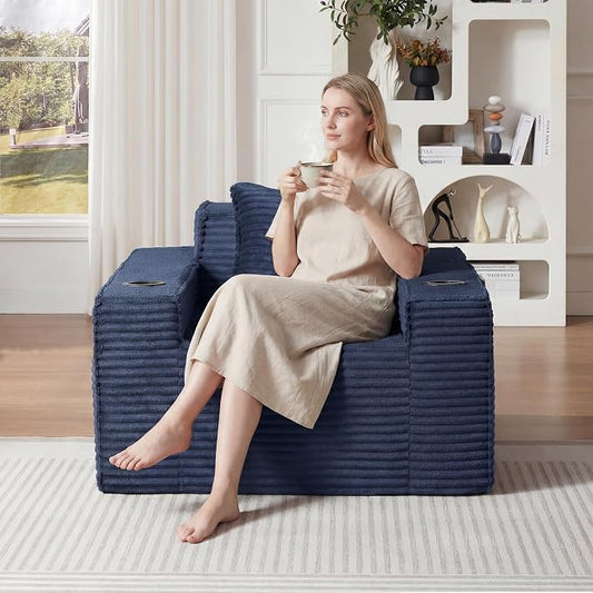 Boneless Sofa Couch with Cup Holders & Side Pockets, Modern Corduroy Fabric Deep Seat Single Cloud Couch for Reading Living Room Office, No Assembly (Blue)