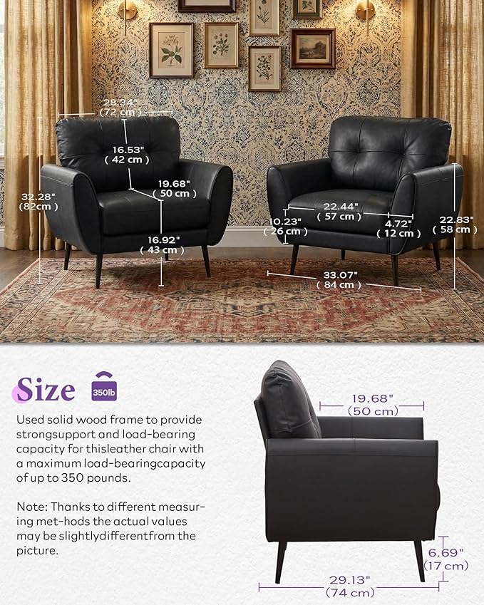 TYBOATLE Accent Chair Comfy Modern Living Room Chair Black Leather Reading Accent Chairs Tufted Mid Century Moden Arm Chair Small Salon Chair for Office Bedroom (1, Black)
